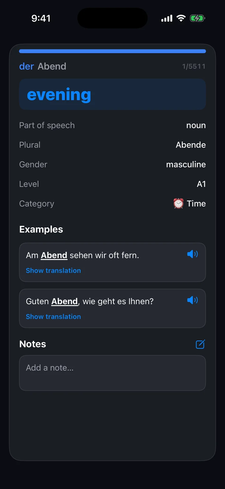 Annotated Fluent card back with translation, grammar and example sentences.