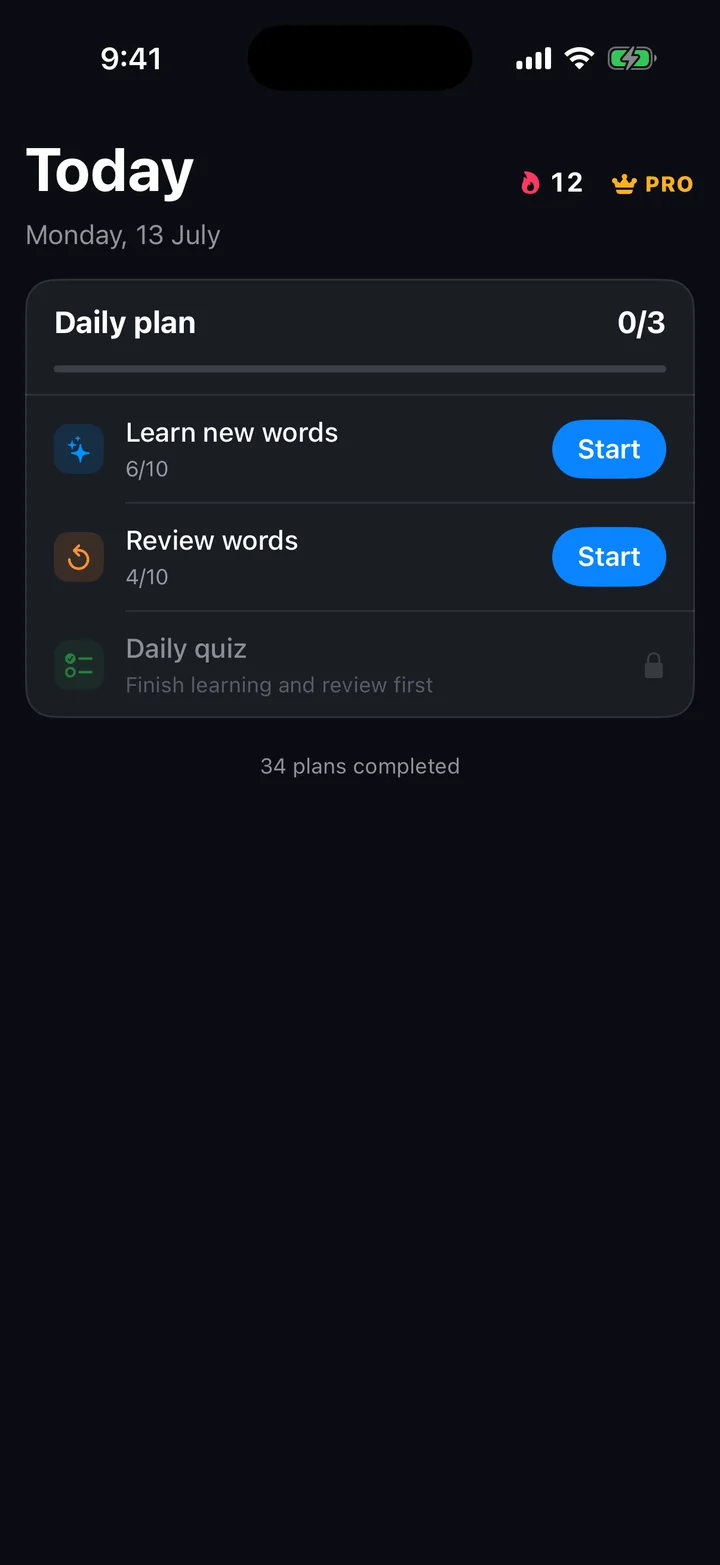 Fluent guided mode Today screen with the daily plan.