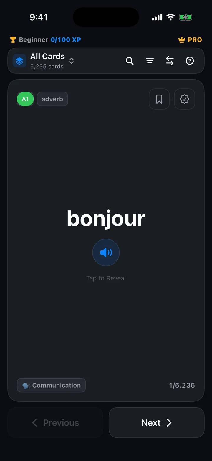 Fluent FR flashcard screen showing the French word bonjour.