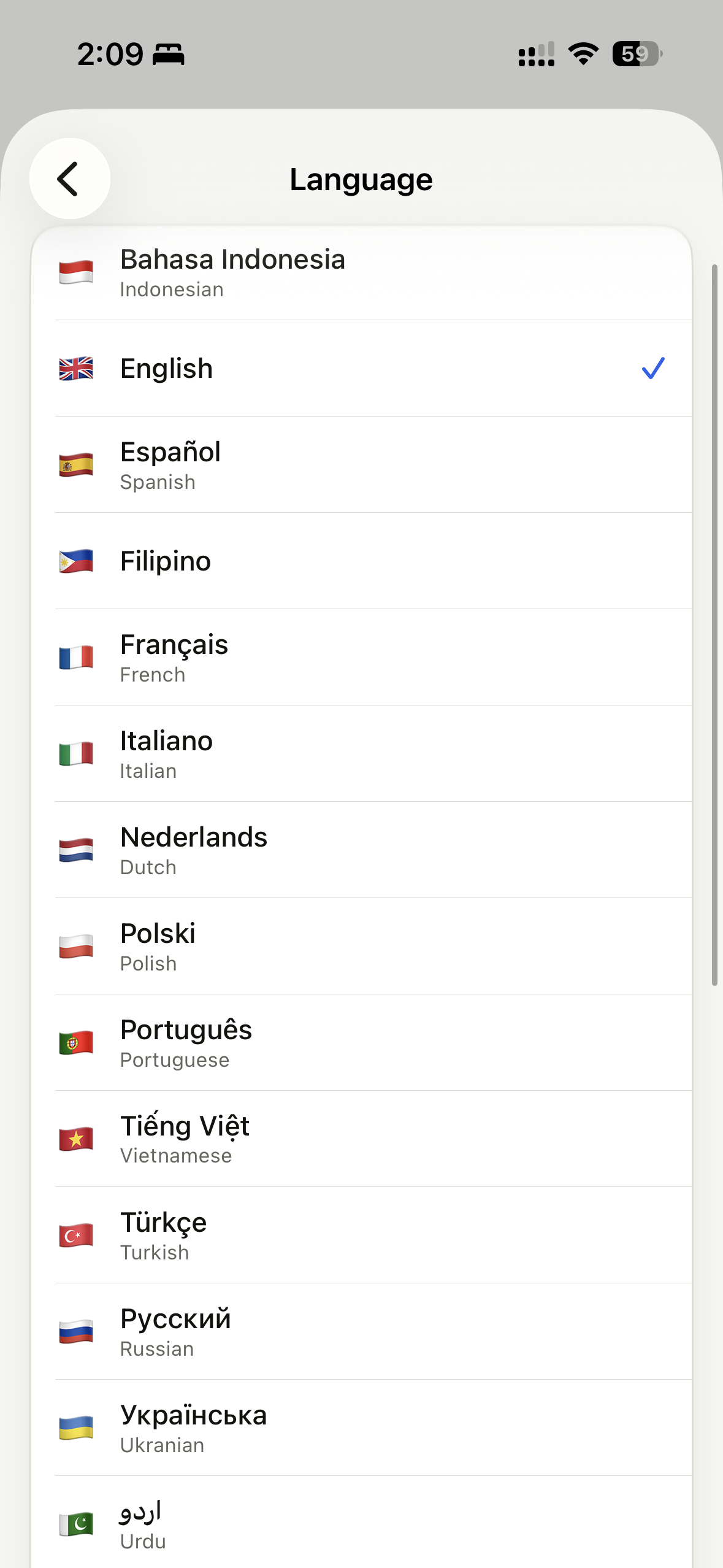 Original Fluent language picker screen with many translation languages.