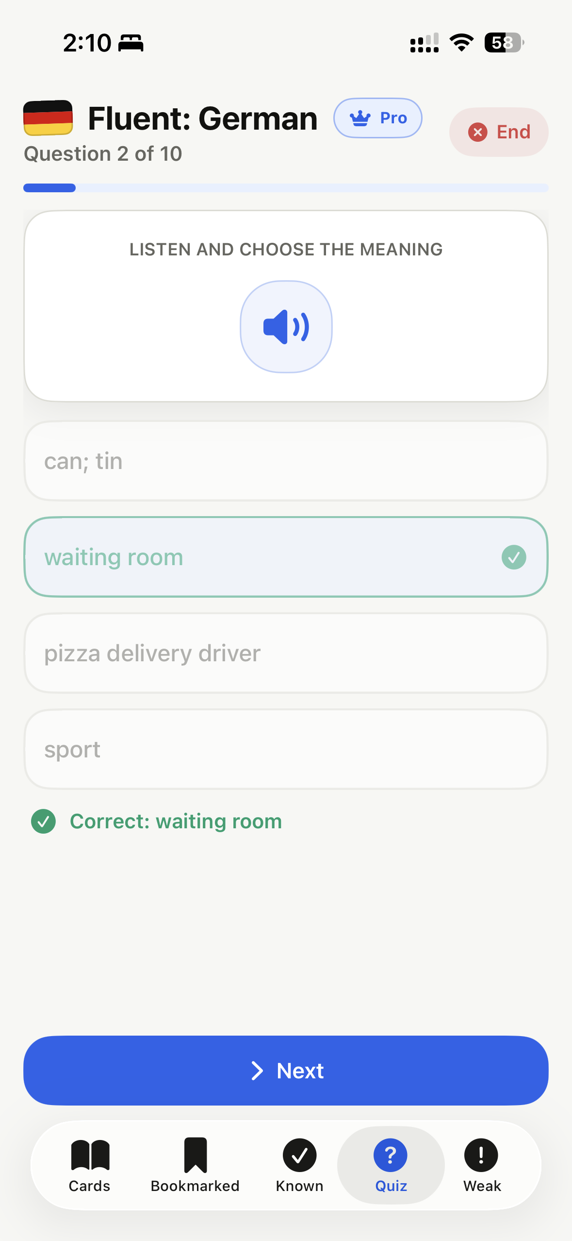 Fluent listening quiz screen with audio prompt and answer choices.
