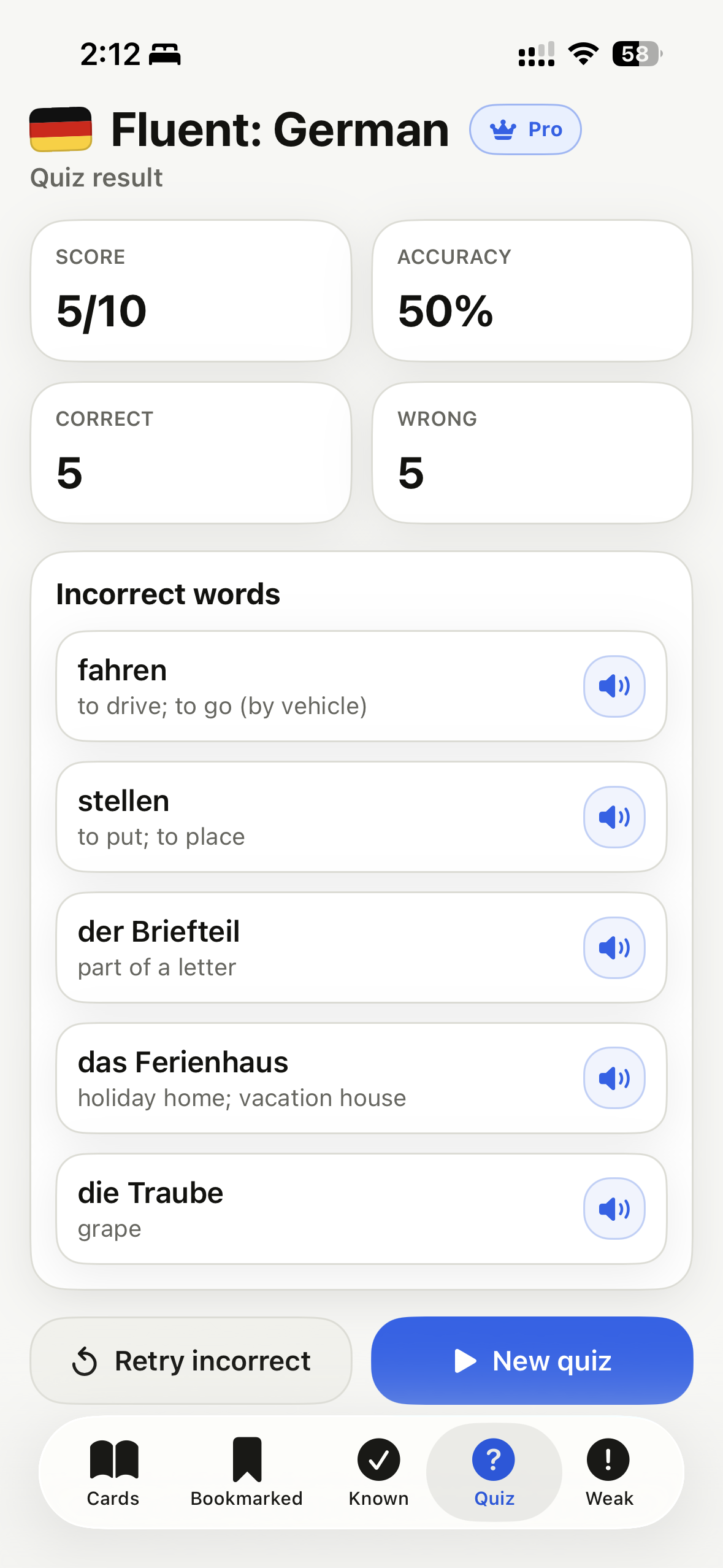 Original Fluent quiz results screen with score, accuracy, incorrect words, and retry controls.
