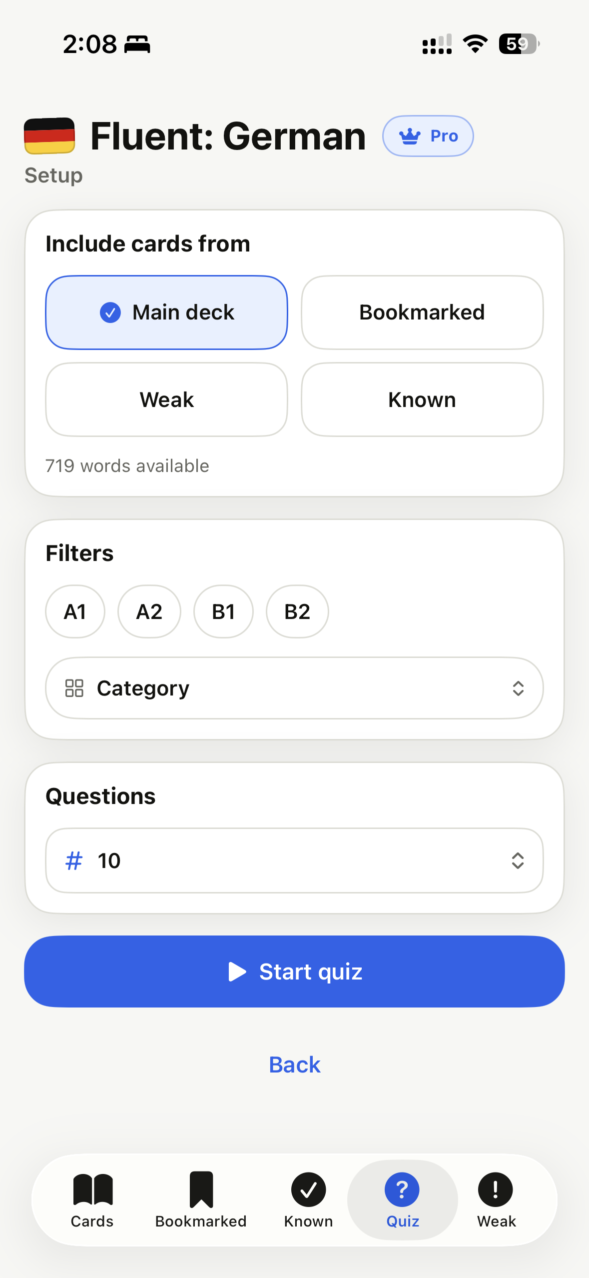 Original Fluent quiz setup screen with deck source, filters, question count, and start button.