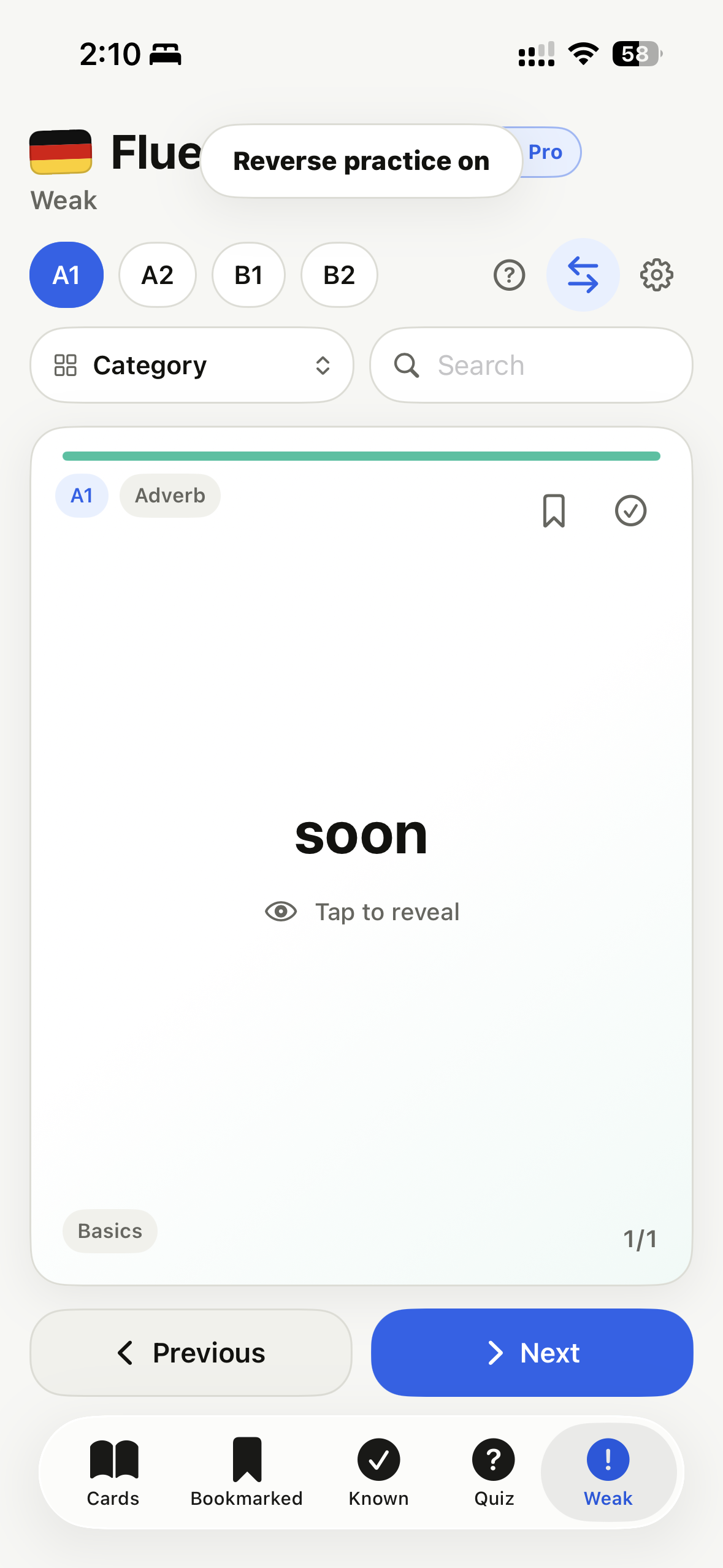 Original Fluent weak words screen showing reverse practice and a weak word card.