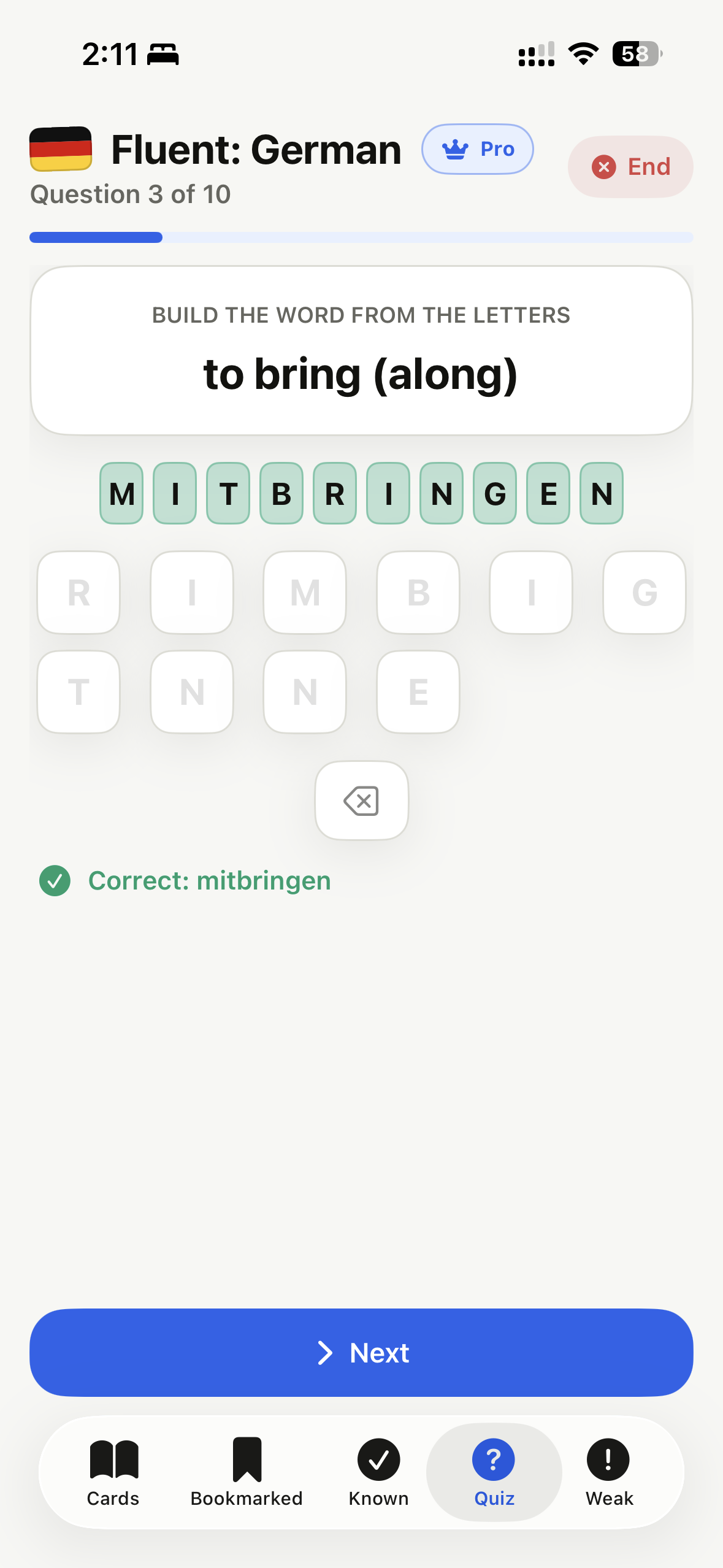 Fluent word builder quiz with letter tiles.