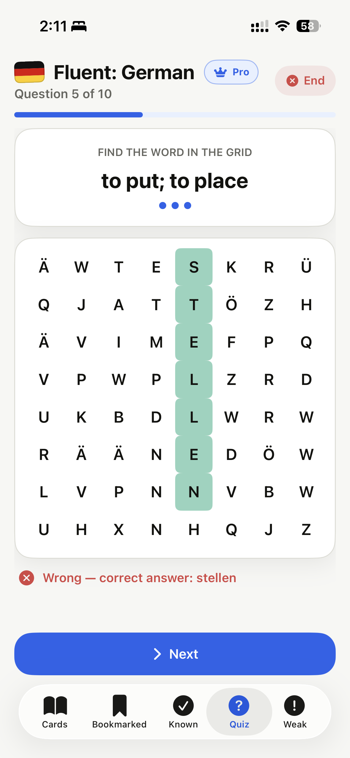 Original Fluent word search quiz screen with letter grid and answer feedback.